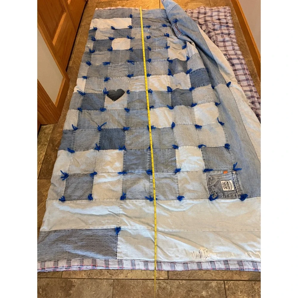 Handmade Patchwork Denim Quilt Levi Strauss Pocket Plaid Flannel Back 71x88